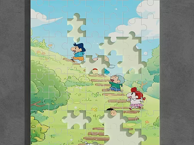 Building Blocks Puzzle With Green Hillside Cartoon Characters Steps Trees And Blue Sky White Clouds 3d model