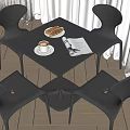 Modern Black Dining Table And Chairs Set With Coffee Cup Dessert And Newspaper