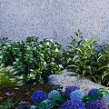 Garden Ornament Featuring Green Plants White Flowers Purple Hydrangeas Gray Wall Stones And Lighting