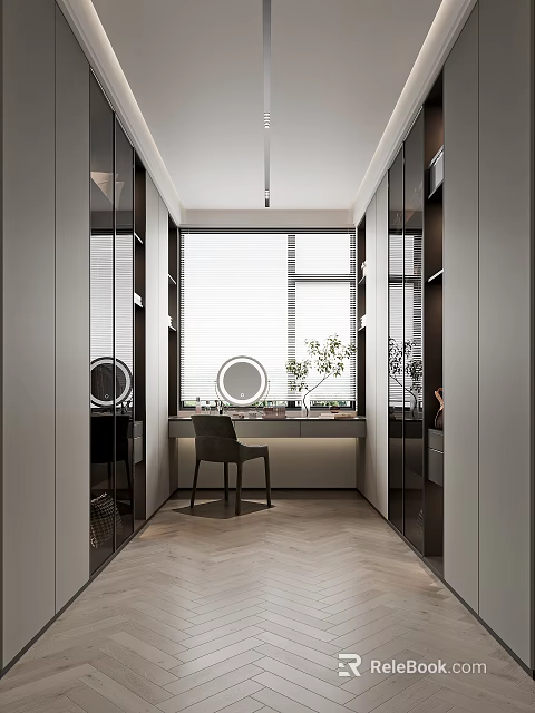 Modern Walk in Closet With Large Window Mirrors Chair And Plants 3d model 