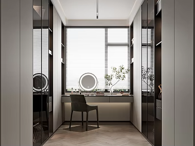 Modern Walk in Closet With Large Window Mirrors Chair And Plants 3d model