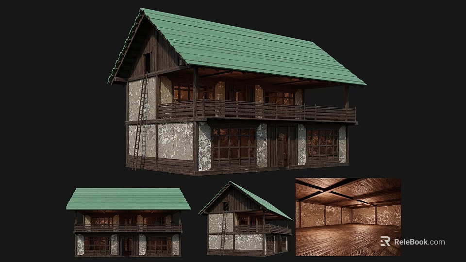 Traditional Ancient Building With Green Tile Roof Wooden Balcony Stone Wall And Wooden Windows 3d model 
