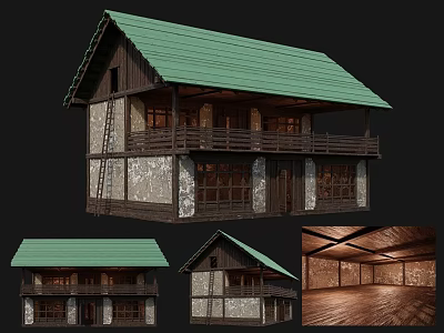 Traditional Ancient Building With Green Tile Roof Wooden Balcony Stone Wall And Wooden Windows 3d model