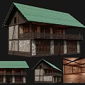 Traditional Ancient Building With Green Tile Roof Wooden Balcony Stone Wall And Wooden Windows