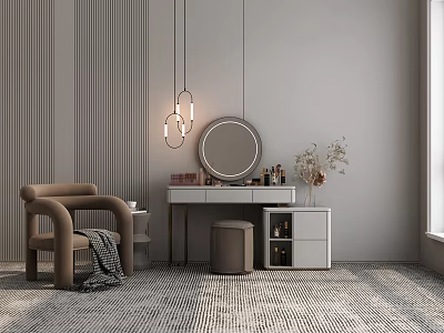 Modern Minimalist Dressing Table with Round Mirror Brown Chair and Decorative Items in Stylish Interior 3d model
