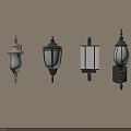 Different Designed Wall Sconces With Metal Frames And Glass Shades On White Wall