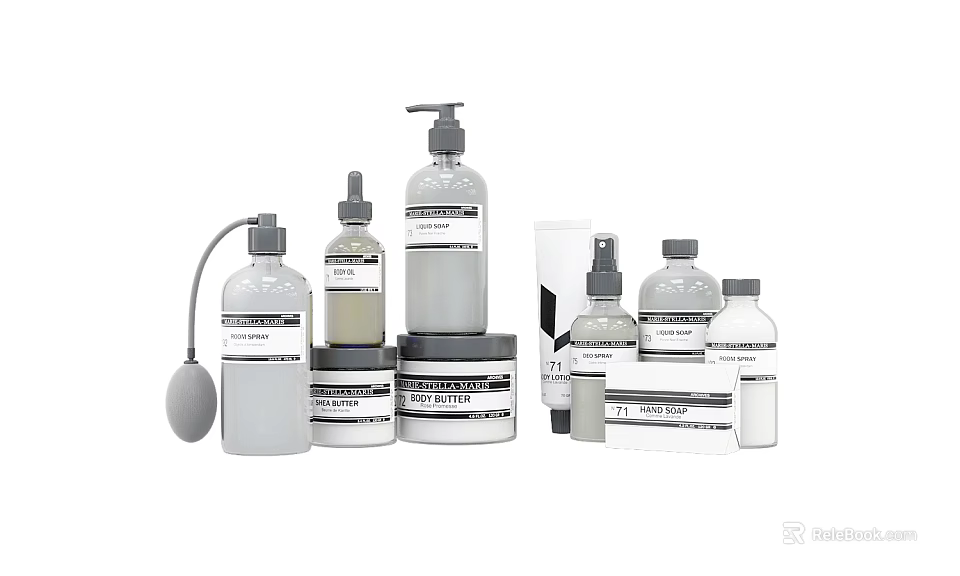 Minimalist Bathroom Accessories with White Gray Tones Various Bottles and Containers 3d model 