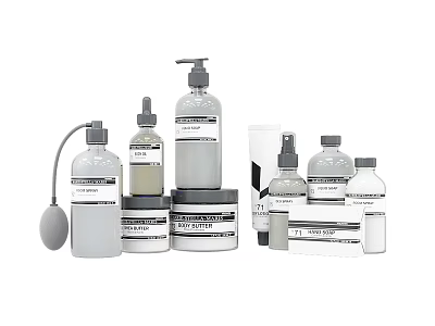 Minimalist Bathroom Accessories with White Gray Tones Various Bottles and Containers 3d model