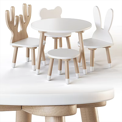 Children's Round White Wooden Table with Matching Chairs for Kids Play Study 3d model