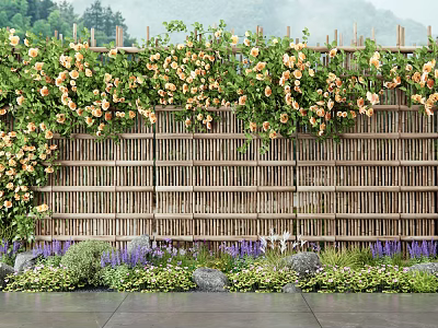 Green Vines Climbing on Bamboo Fence with Yellow Flowers and Lavender Plants 3d model