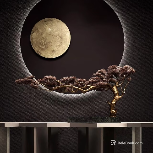 Pine Bonsai Tree With Curved Branches Black Base Golden Moon Circular Light Halo Dark Background 3d model 
