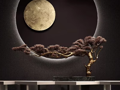 Pine Bonsai Tree With Curved Branches Black Base Golden Moon Circular Light Halo Dark Background 3d model