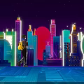 Cyberpunk Themed Photo Spot With Neon City Buildings Night Scene And Visitor