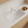 White Built-in Kitchen Sink in White Quartz Countertop with White Faucet and Light Wooden Cabinets