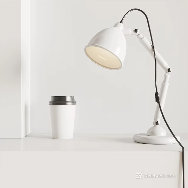 White Desk Lamp with Warm Glow and White Travel Mug on Minimalist White Table 3d model 
