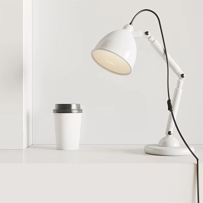 White Desk Lamp with Warm Glow and White Travel Mug on Minimalist White Table 3d model