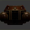 Mechanical Device With Brown Cylindrical Parts Black Top Red Accents And Golden Patterns