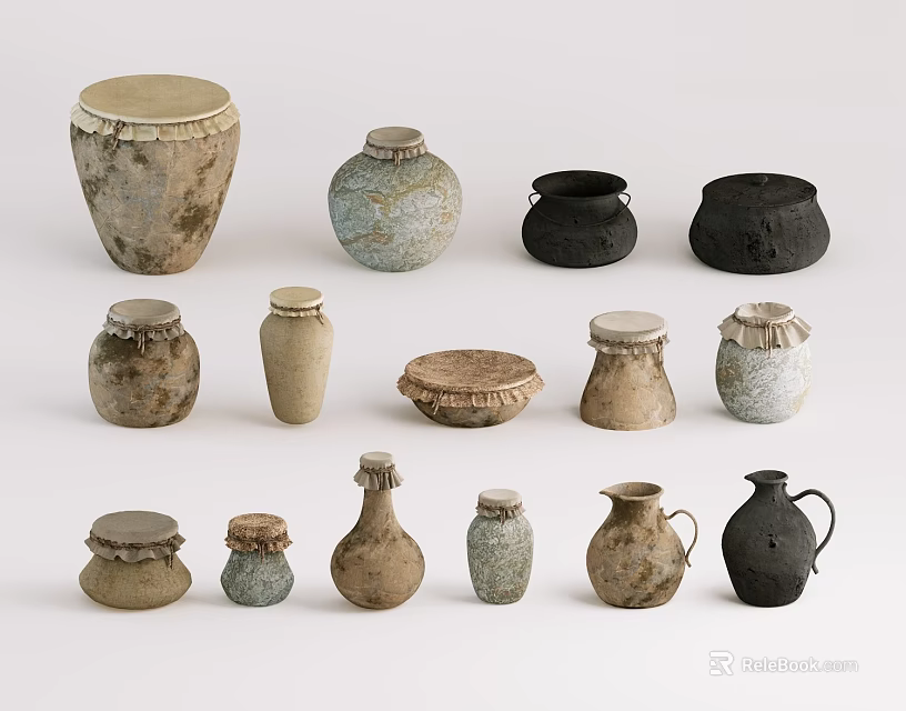 Assorted Handmade Ceramic Vessels in Different Shapes Sizes and Natural Textured Finishes 3d model 
