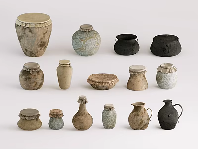 Assorted Handmade Ceramic Vessels in Different Shapes Sizes and Natural Textured Finishes 3d model