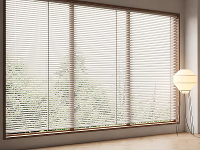 Venetian Blinds Covering Large Window With Wooden Frame Natural Light And Trees Outside 3d model