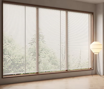 Venetian Blinds Covering Large Window With Wooden Frame Natural Light And Trees Outside 3d model