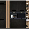 Modern Kitchen Interior With Black Cabinets Wooden Island And Open Shelves