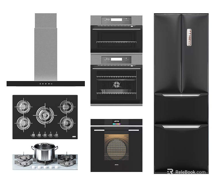 Essential Kitchen Appliances Including Range Hood Oven Gas Stove And Refrigerator 3d model 