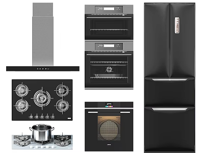 Essential Kitchen Appliances Including Range Hood Oven Gas Stove And Refrigerator 3d model