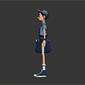 3D Animated Man in Blue Outfit Backpack Shorts Sneakers Standing on Gray Background