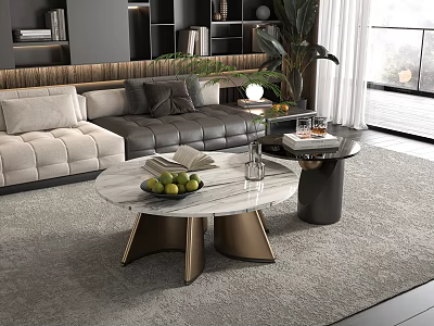 Elegant Round Marble Coffee Table In Modern Living Room With Sofa And Plants 3d model