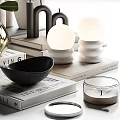Decorative Ornament Set With Green Leaves Transparent Vases Candles Sphere Decor And Books