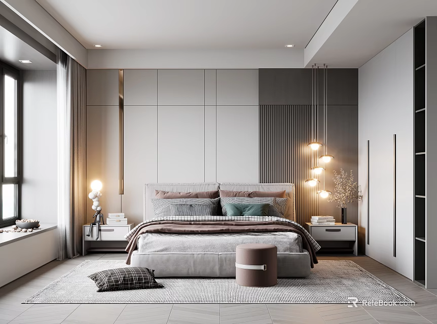 Modern Bedroom Interior Design With Platform Bed Wall Panels And Pendant Lights 3d model