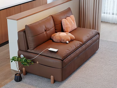 Brown Leather Double Sofa with Orange Pillow Plush Toy Charging Port and Wooden Legs 3d model