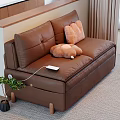 Brown Leather Double Sofa with Orange Pillow Plush Toy Charging Port and Wooden Legs