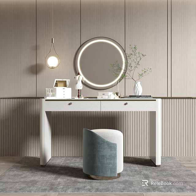 Modern Minimalist Dressing Table Design With Round Mirror Velvet Stool And Green Plant Vase 3d model 