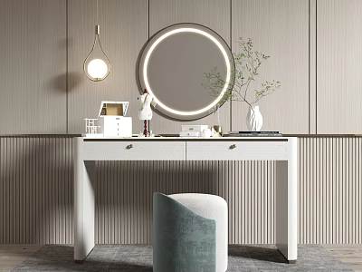 Modern Minimalist Dressing Table Design With Round Mirror Velvet Stool And Green Plant Vase 3d model