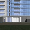Modern High Rise Building Facade With Glass Curtain Wall Curved Design And Greenery Around Entrance