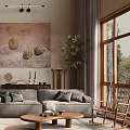 Modern Living Dining Room With Grey Sofa Wooden Table Pendant Lights And Wall Decor Plates