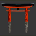 Traditional Red Torii Gate With Blue Roof And Gray Pillars