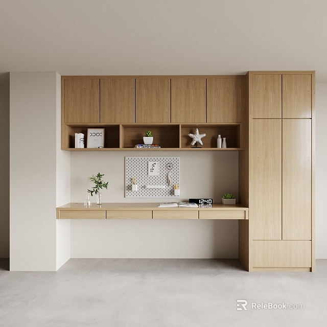 Modern Wooden Study Room With Wall Cabinets Desk Books And Decorative Plants 3d model 