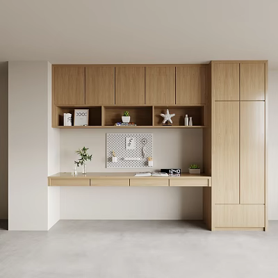 Modern Wooden Study Room With Wall Cabinets Desk Books And Decorative Plants 3d model
