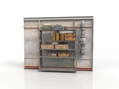Modern Industrial Scene Featuring Metal Shelf Wooden Crates and Pipe Details 3d model
