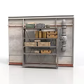 Modern Industrial Scene Featuring Metal Shelf Wooden Crates and Pipe Details