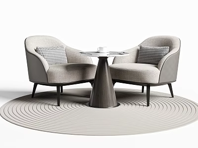 Light Gray Armchairs And Round Wooden Table Set With Plaid Cushions On Circular Wavy Rug 3d model