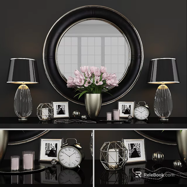 Stylish Decorative Ornament Set With Round Mirror Table Lamps Pink Tulips Photo Frames And Clock 3d model 