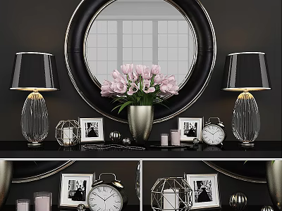 Stylish Decorative Ornament Set With Round Mirror Table Lamps Pink Tulips Photo Frames And Clock 3d model