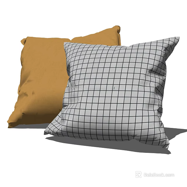 Stylish Throw Pillows with Yellow Solid and Gray White Grid Pattern Design 3d model 