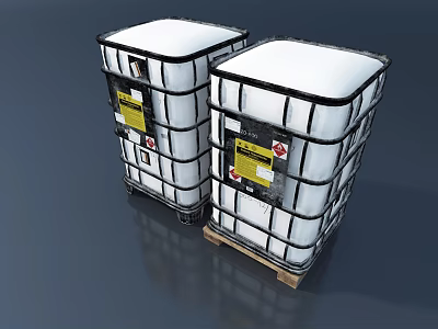 Industrial Equipment IBC Containers With White Body Black Frame Pallet Base And Warning Labels 3d model
