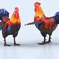 Two Colorful Roosters With Vibrant Red Orange Blue Feathers In 3D Rendering Standing Pose