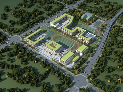 Modern School Buildings with Green Roofs and Sports Field Surrounded by Trees on Urban Campus 3d model